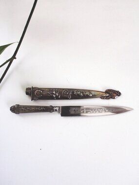 Vintage Ornate Stainless Steel Letter Opener With Embossed Handle & Sheath 9.5"
